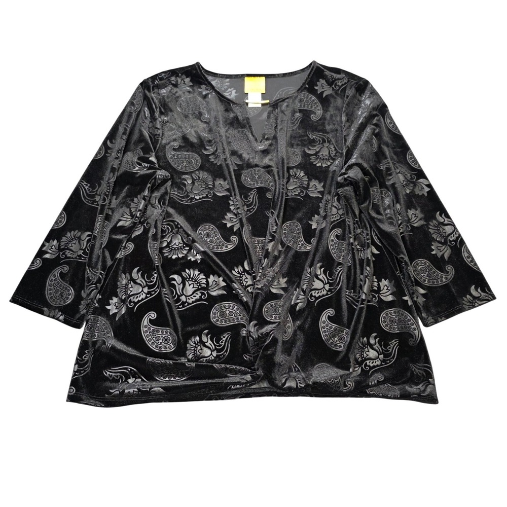 Ruby Rd Twist Front Top Women's Size L Black Velvet Paisley 3/4 Sleeve Gold Bar